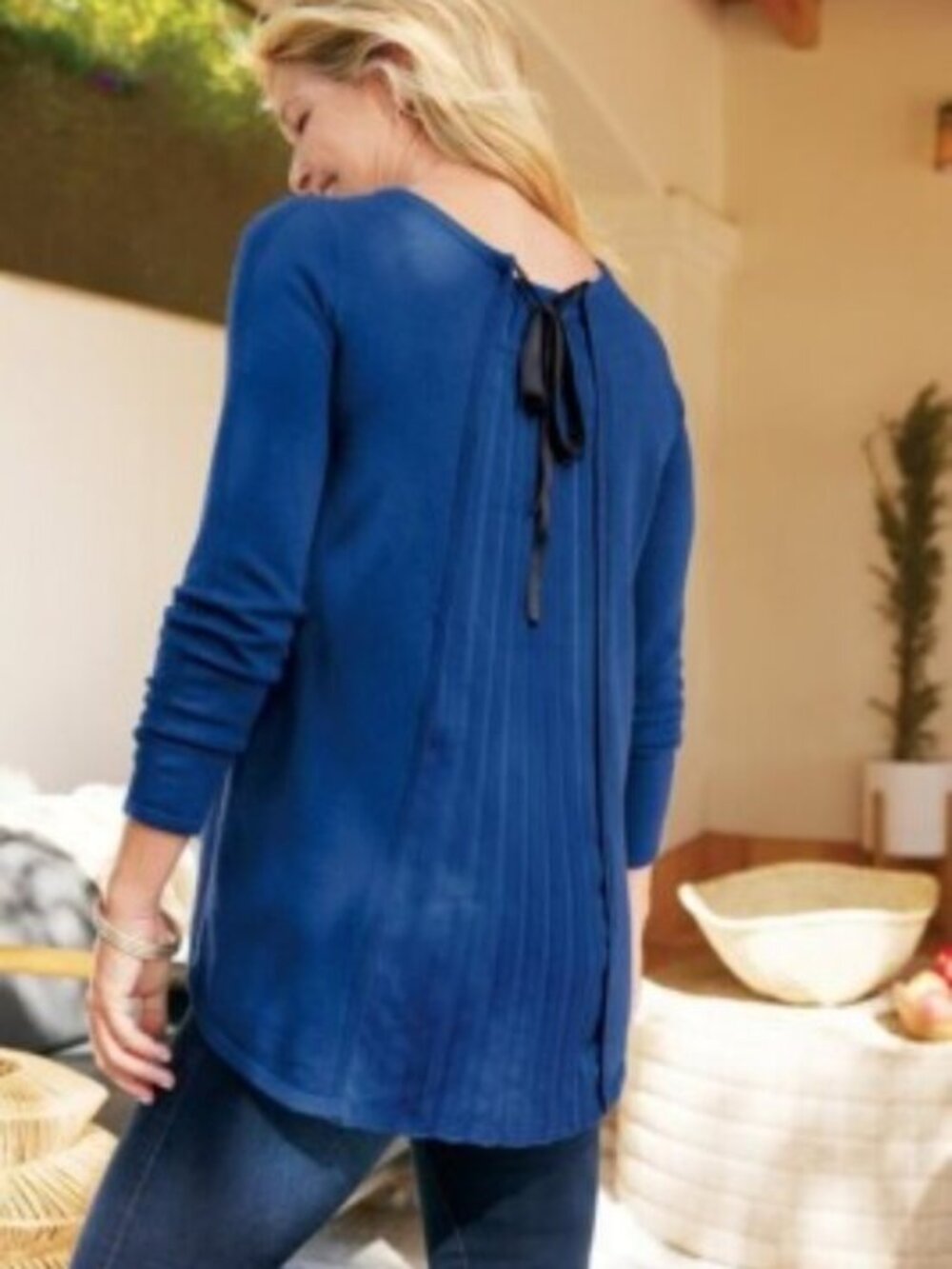 Soft Surroundings Reserva Sweater Pleated Back Scoop Neck Long Sleeve Sz M Blue